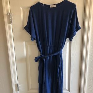 NWOT navy blue midi length dress with tie sash